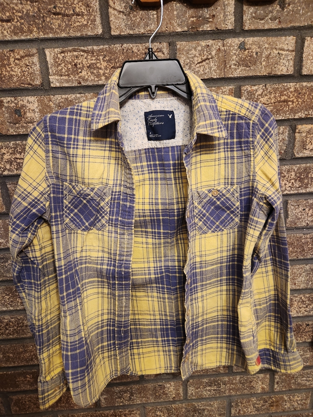 American Eagle Outfitters Yellow & Blue Plaid Womens Flannel Shirt Size 4